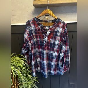 Denim & Co. 3XL Red, Blue Plaid Blue Embroidered Button‎ Front Long Sleeve Shirt